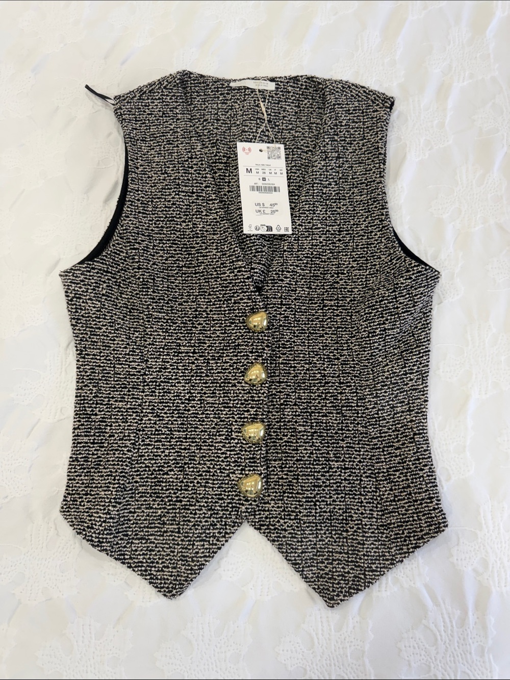Zara Sleeveless Tweed Vest with Gold Buttons - Black/White